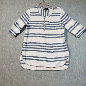 Ellen Tracy Top Womens Medium White Blue Striped Linen Blend Roll Tunic 1/4 Zip